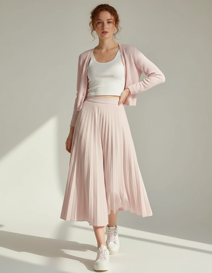 Jupe Patineuse Plissée Rose Pâle Fluide