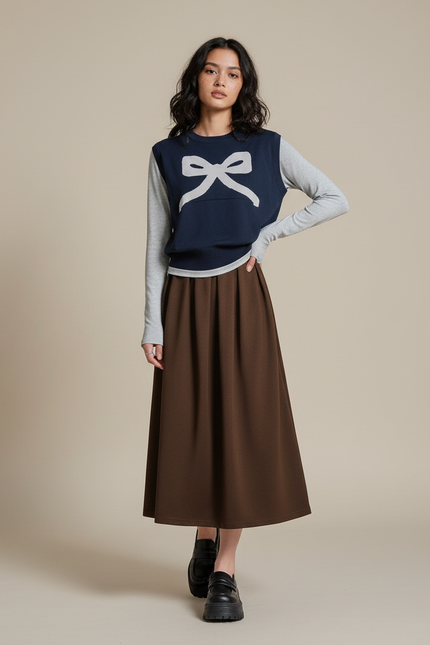 Jupe Patineuse Marron Plissée Élégante