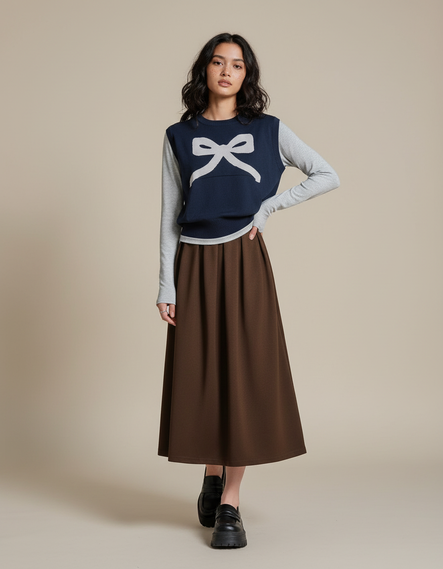 Jupe Patineuse Marron Plissée Élégante