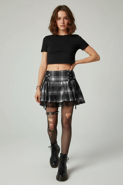 Jupe Patineuse Carreaux Dentelle Plissée