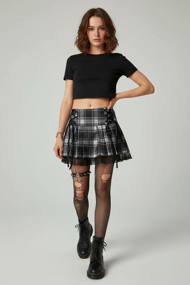Jupe Patineuse Carreaux Dentelle Plissée
