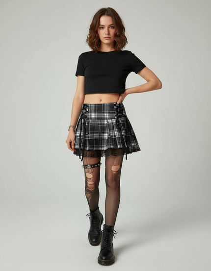 Jupe Patineuse Carreaux Dentelle Plissée