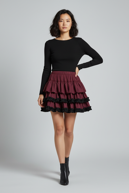 Jupe Patineuse Bordeaux À Volants Tendance