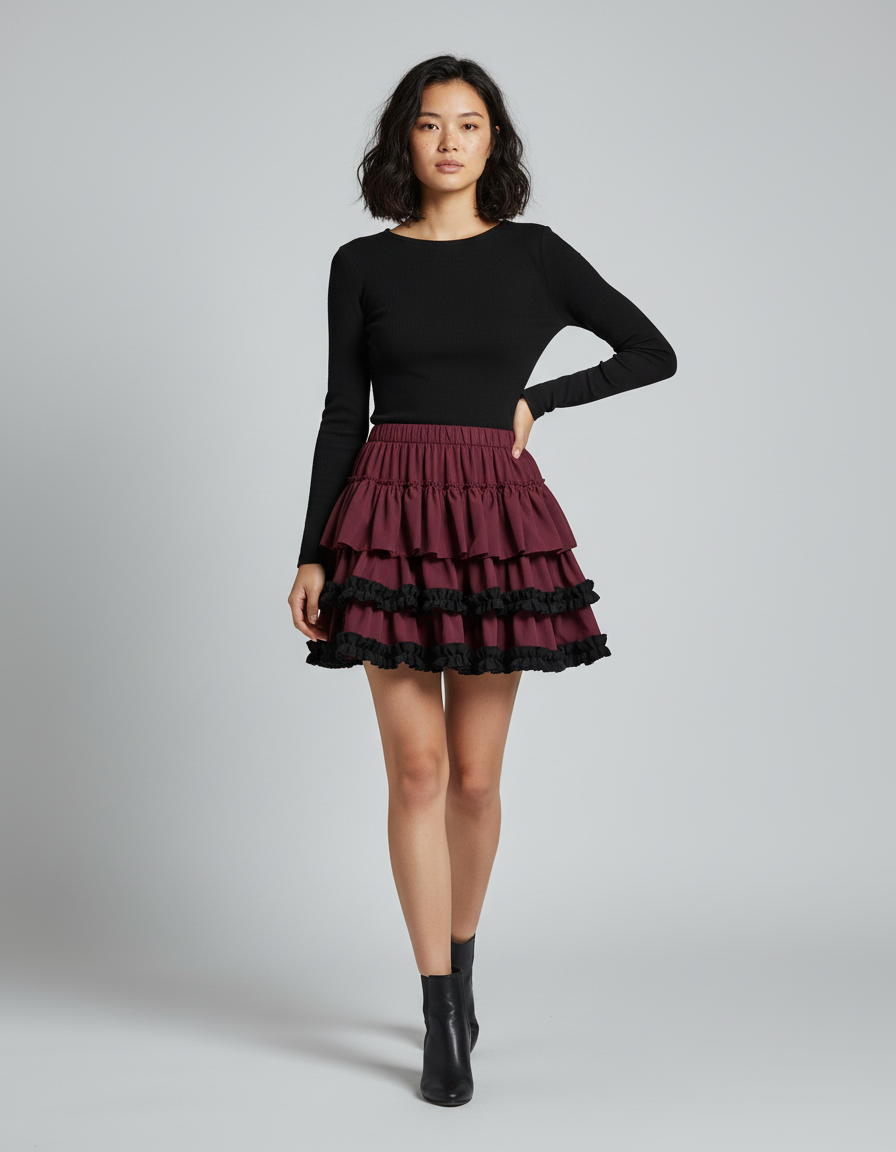 Jupe Patineuse Bordeaux À Volants Tendance