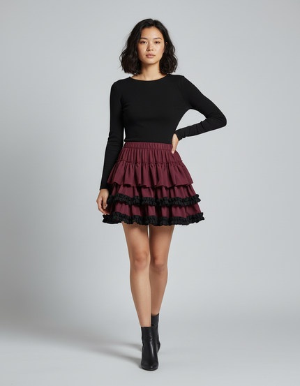 Jupe Patineuse Bordeaux À Volants Tendance