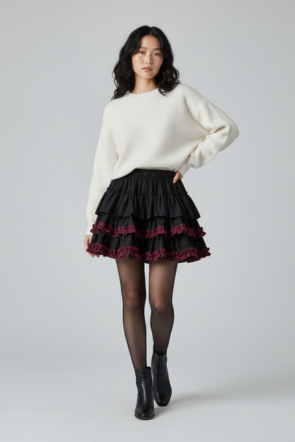 Jupe Patineuse Noire Volants Plissée