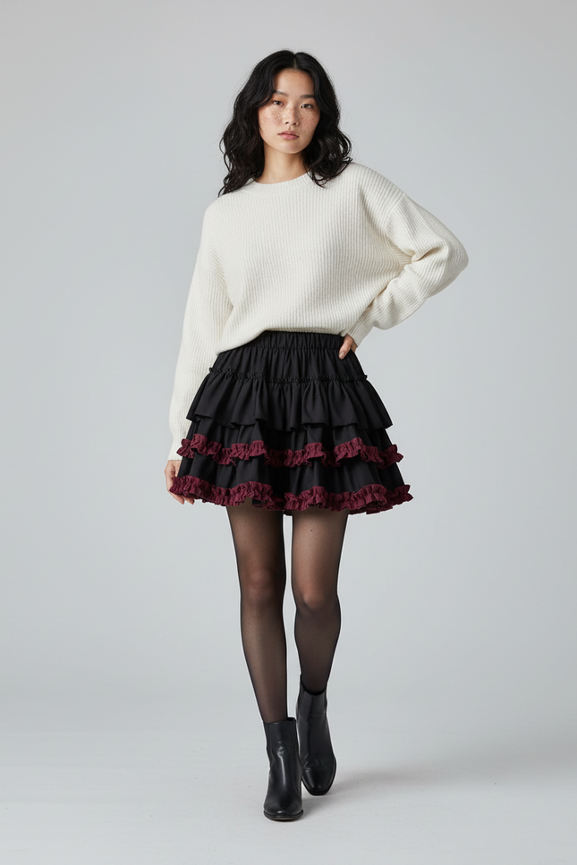 Jupe Patineuse Noire Volants Plissée