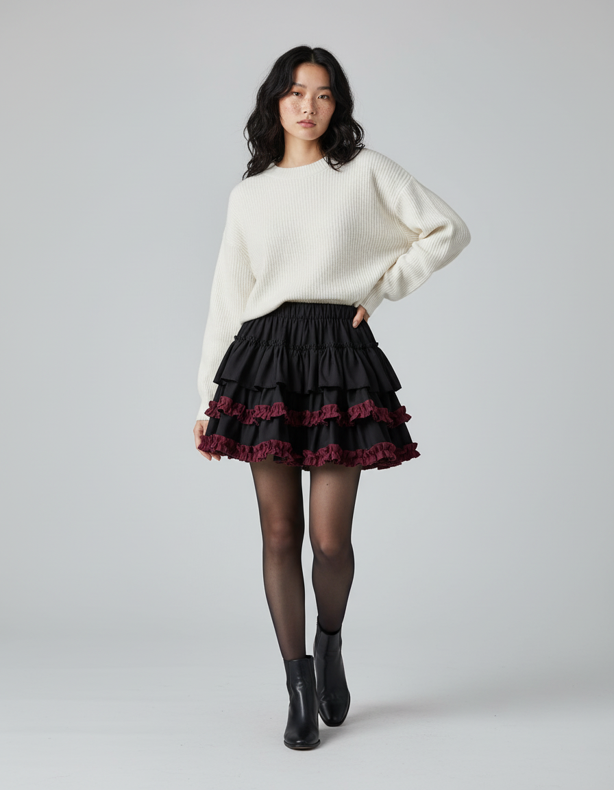 Jupe Patineuse Noire Volants Plissée