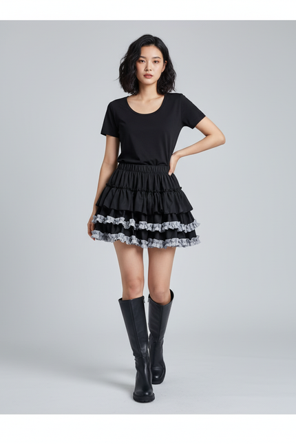 Jupe Patineuse Noire À Volants Décontractée