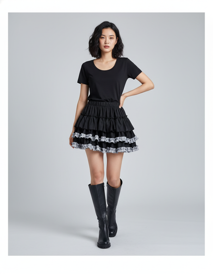 Jupe Patineuse Noire À Volants Décontractée