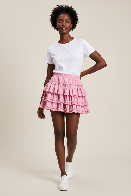 Jupe Patineuse Rose À Volants Fluide