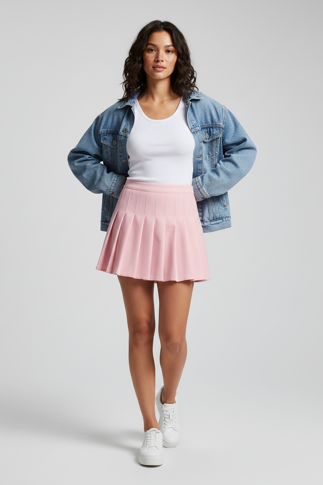 Jupe Patineuse Rose Plissée Taille Haute