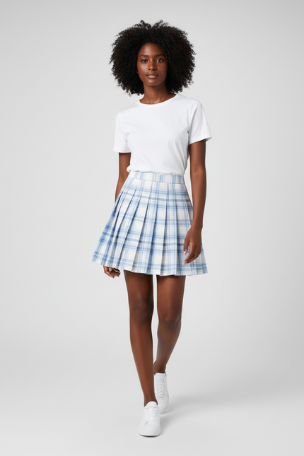 Jupe Patineuse Plissée Carreaux Bleus Preppy