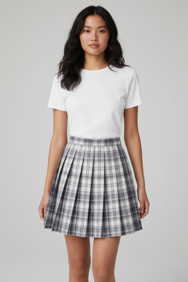Jupe Patineuse À Carreaux Plissée Preppy