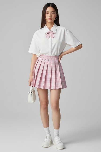 Jupe Patineuse Rose Écossaise Plissée