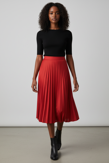 Jupe Patineuse Rouge Midi Plissée