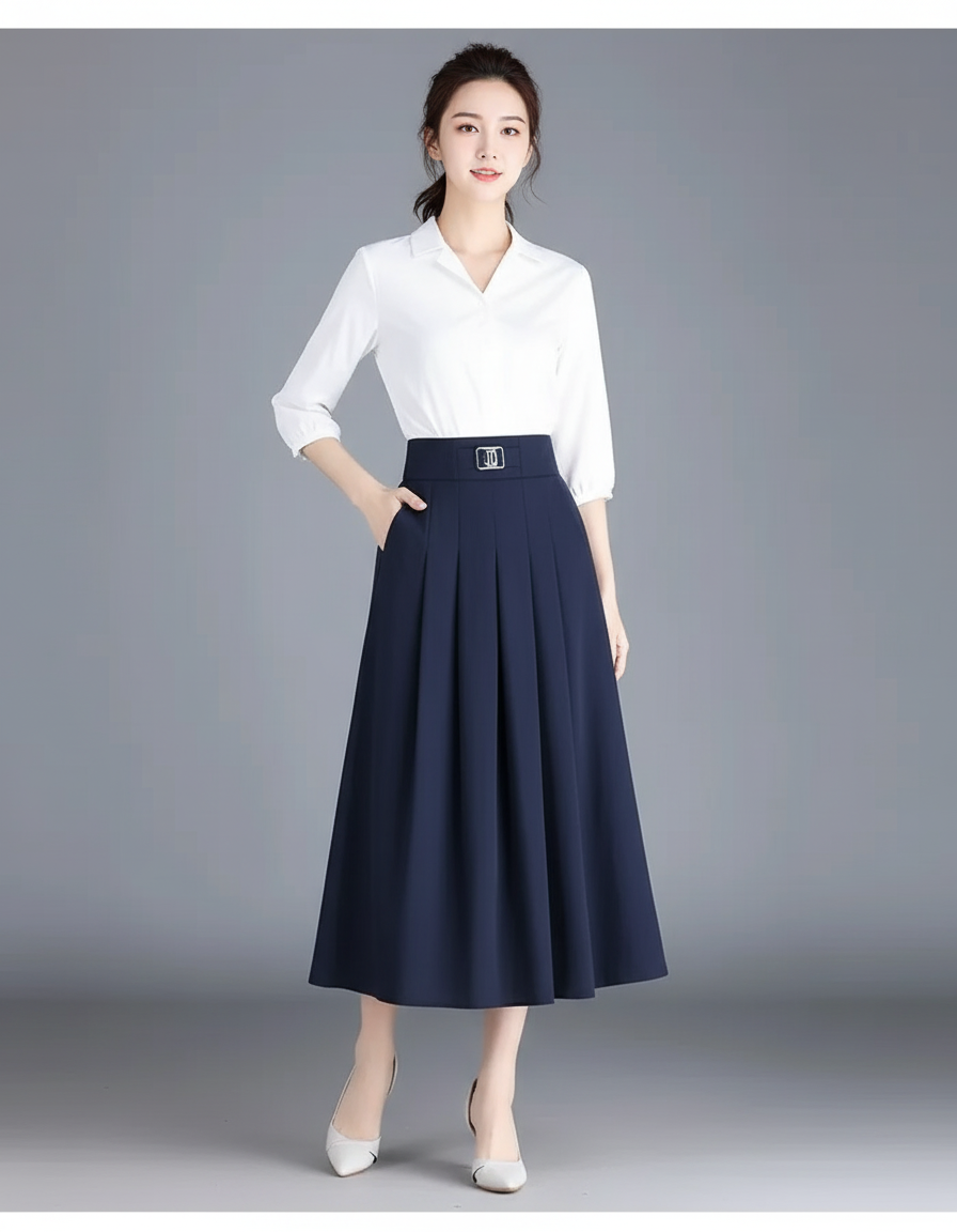 Jupe Patineuse Plissée Bleu Marine Élégante