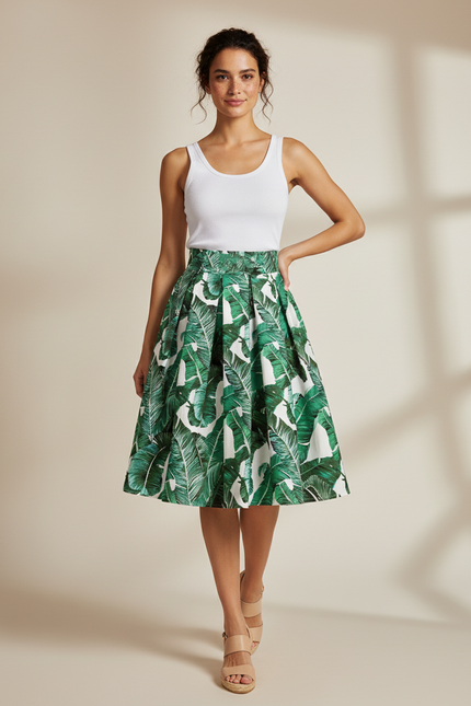 Jupe Patineuse Plissée Motif Tropical Fluide