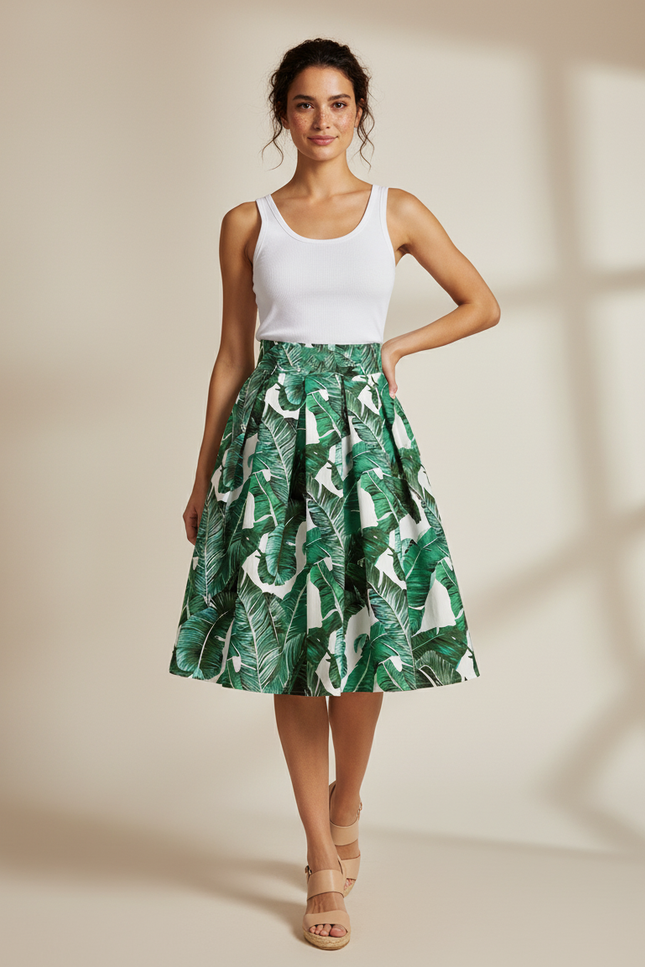 Jupe Patineuse Plissée Motif Tropical Fluide