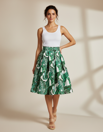 Jupe Patineuse Plissée Motif Tropical Fluide
