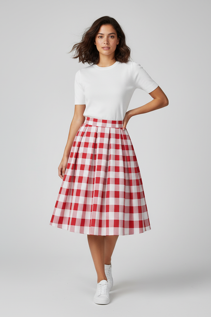 Jupe Patineuse Plissée Rouge Écossaise