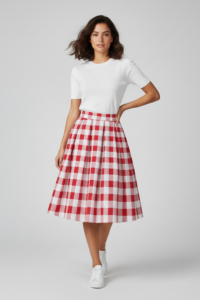 Jupe Patineuse Plissée Rouge Écossaise