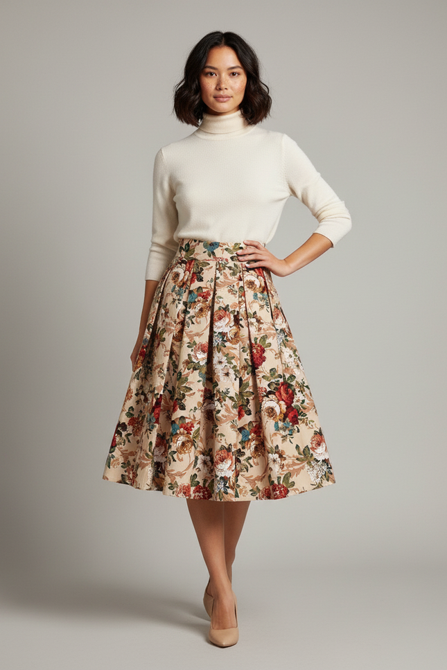 Jupe Patineuse Florale Plissée Vintage