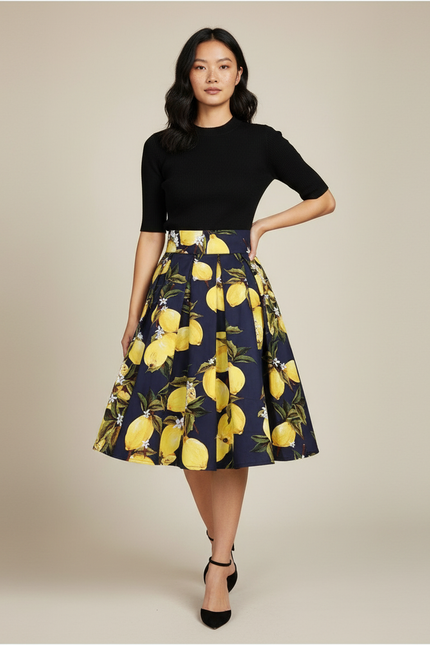 Jupe Patineuse Motif Citron Plissée Chic