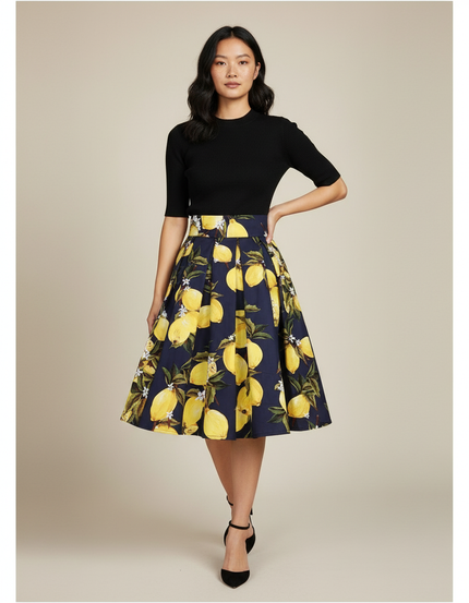 Jupe Patineuse Motif Citron Plissée Chic