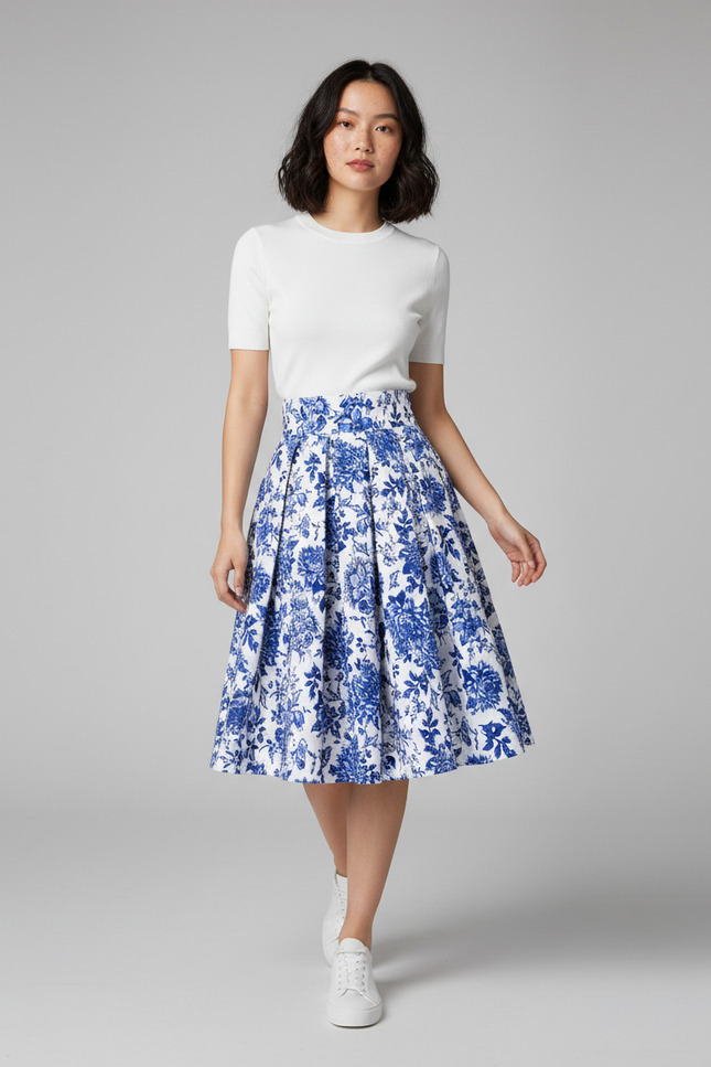 Jupe Patineuse Florale Bleue Plissée