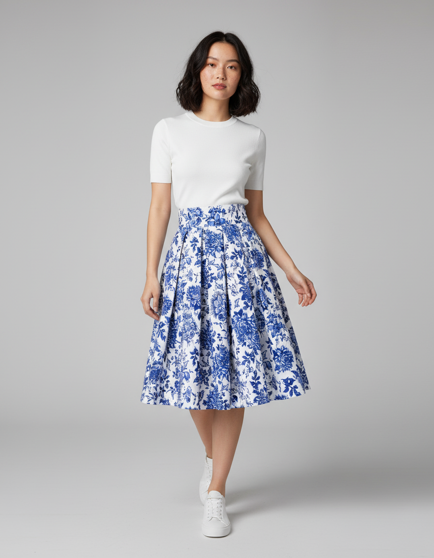 Jupe Patineuse Florale Bleue Plissée