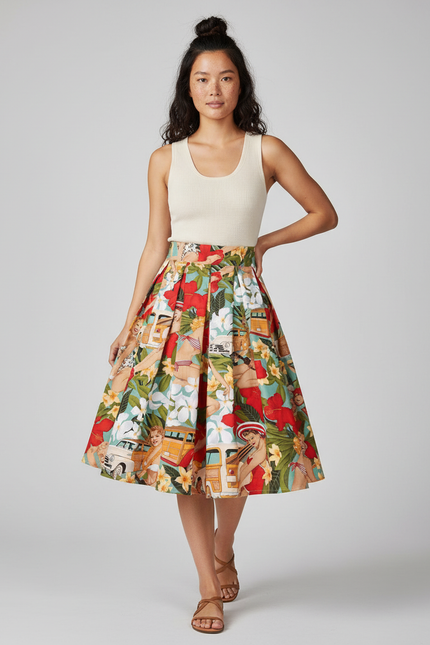 Jupe Patineuse Imprimée Tropicale Plissée Rétro