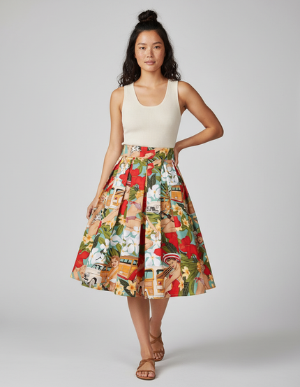 Jupe Patineuse Imprimée Tropicale Plissée Rétro