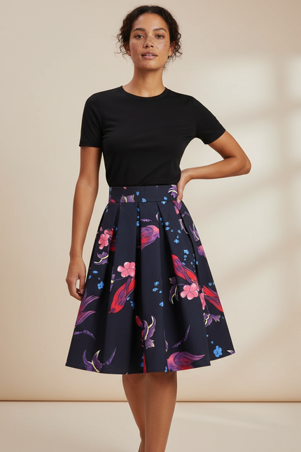 Jupe Patineuse Plissée Chic Motif Floral