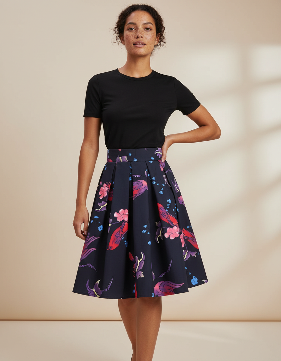 Jupe Patineuse Plissée Chic Motif Floral