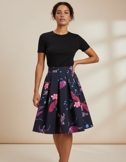 Jupe Patineuse Plissée Chic Motif Floral