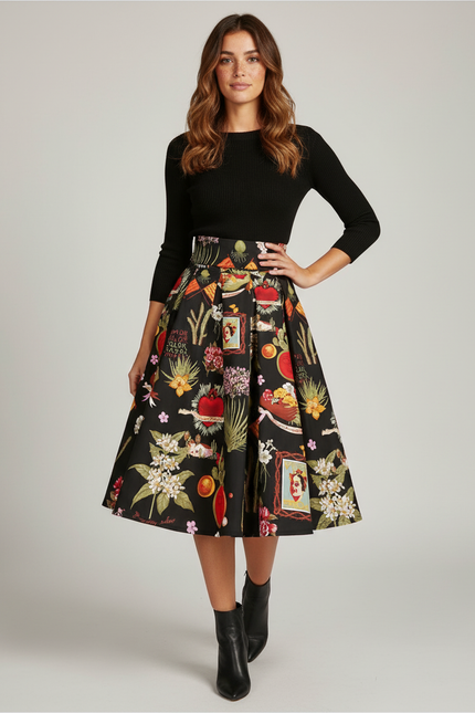 Jupe Patineuse Noire Imprimée Artistique Plissée Vintage