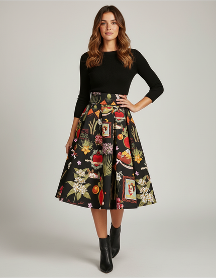 Jupe Patineuse Noire Imprimée Artistique Plissée Vintage