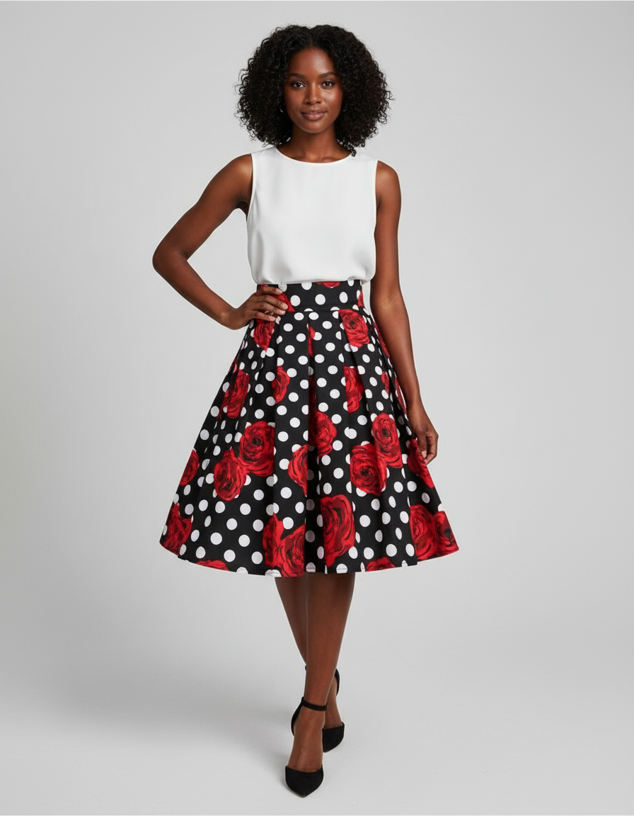 Jupe Patineuse Plissée Pois Roses