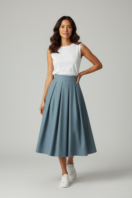 Jupe Patineuse Bleu-Gris Plissée Élégante