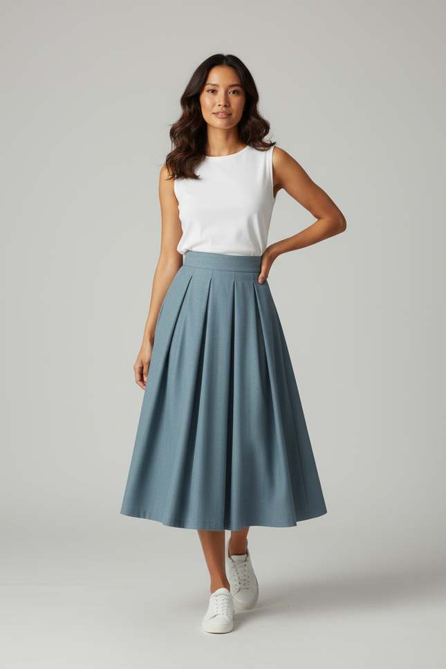Jupe Patineuse Bleu-Gris Plissée Élégante