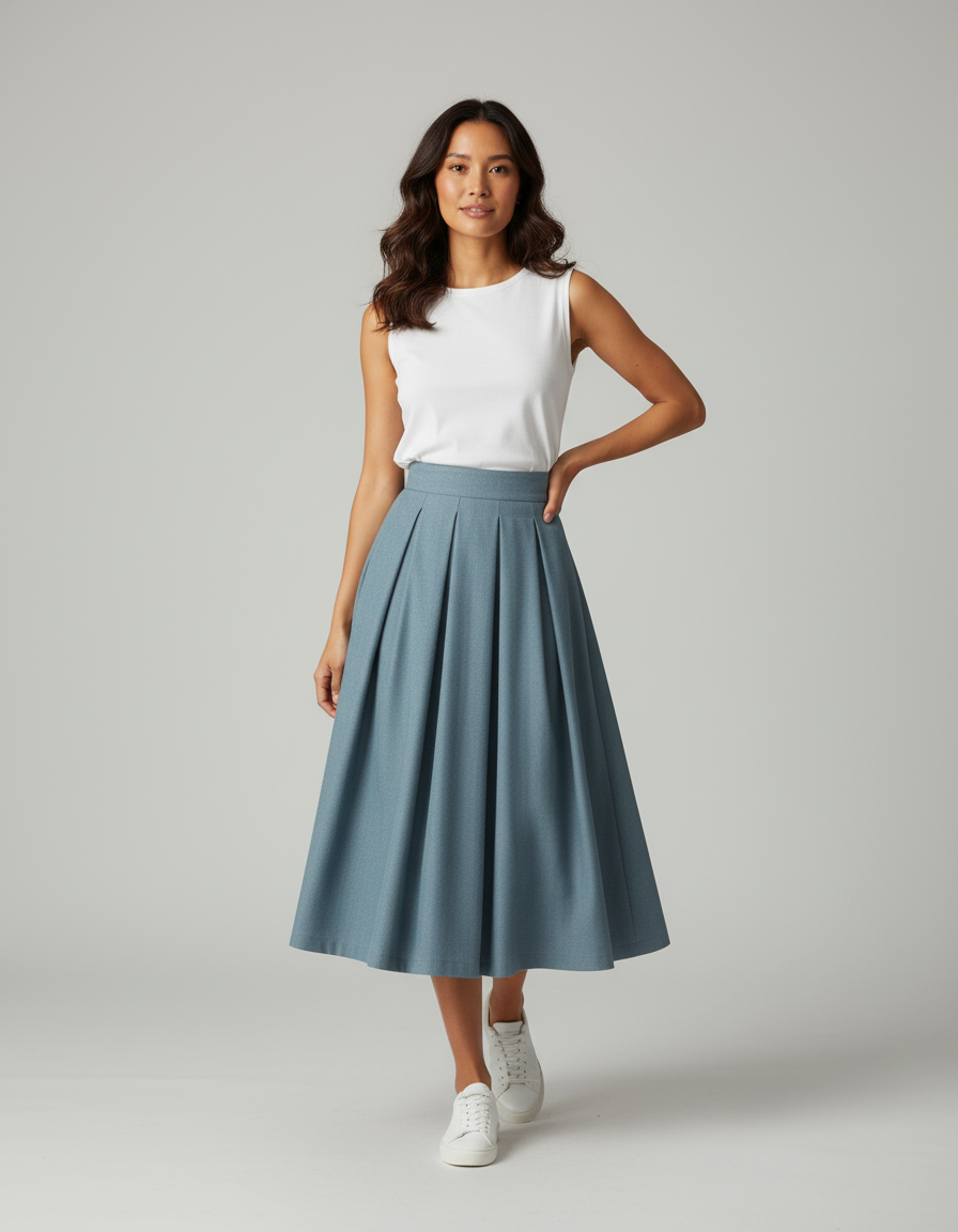 Jupe Patineuse Bleu-Gris Plissée Élégante