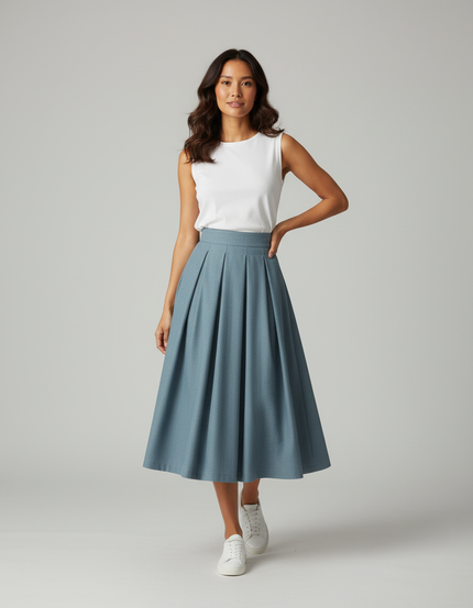 Jupe Patineuse Bleu-Gris Plissée Élégante