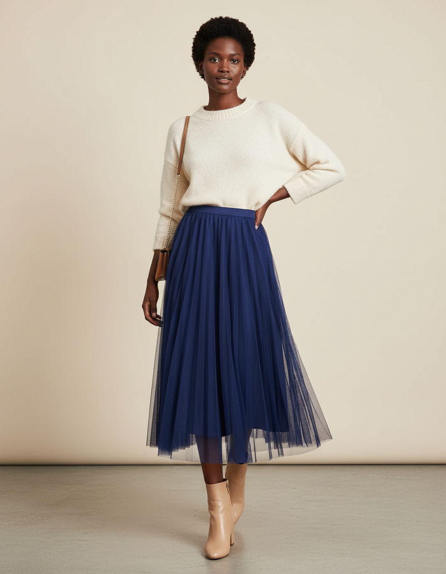 Jupe Patineuse Bleue Marine Tulle Élégante