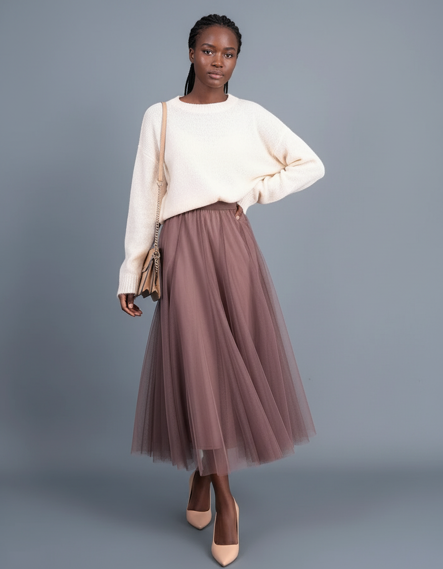 Jupe Patineuse Tulle Rose Poudré Élégante