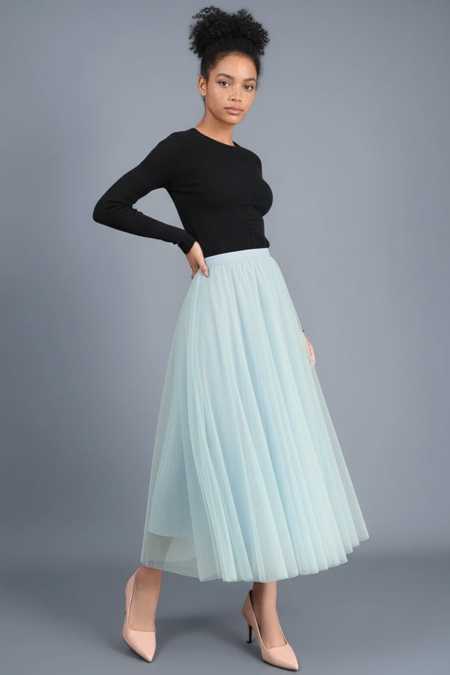 Jupe Patineuse Tulle Plissée Bleu Ciel