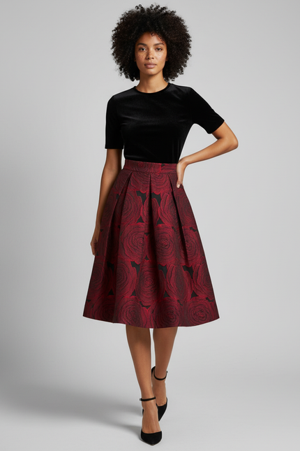 Jupe Patineuse Motif Roses Plissée Élégante