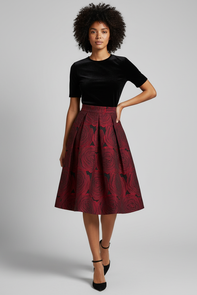 Jupe Patineuse Motif Roses Plissée Élégante