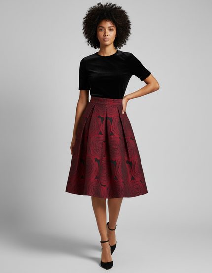 Jupe Patineuse Motif Roses Plissée Élégante