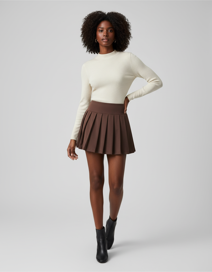 Jupe Patineuse Marron Plissée Décontractée